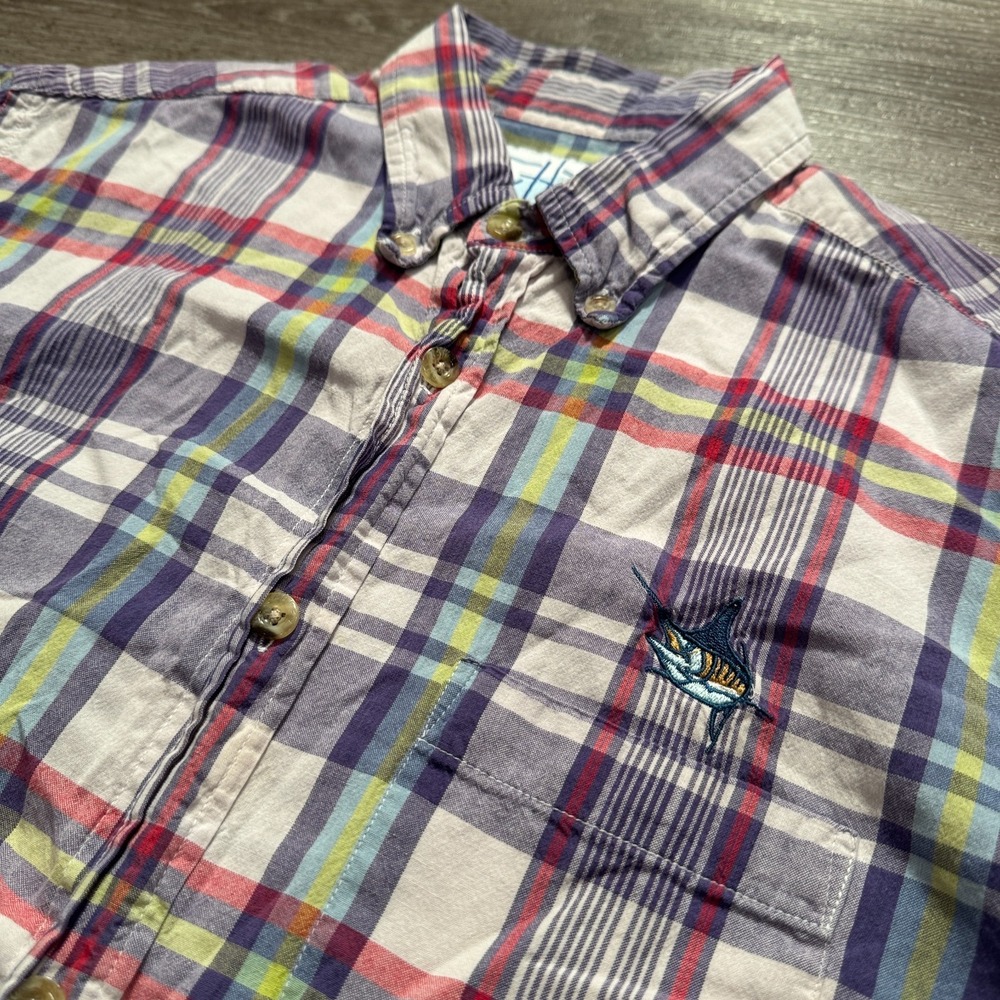 Aftco Guy Harvey Shirt Mens Medium Plaid Short Sleeve Button Up Sword Fish Logo